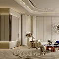 Elegant Modern Living Room Interior With Circular Ceiling Blue Sofa White Armchair And Arched Window