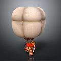 Detailed Hot Air Balloon Architectural Design With White Fabric Yellow Ropes And Brown Basket