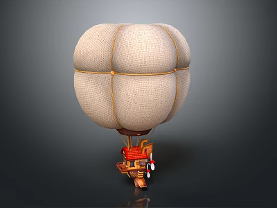 Detailed Hot Air Balloon Architectural Design With White Fabric Yellow Ropes And Brown Basket 3d model