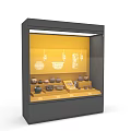Showcase Shelf With Yellow Background Displaying Various Small Decorative Items And Different Shapes 3d model