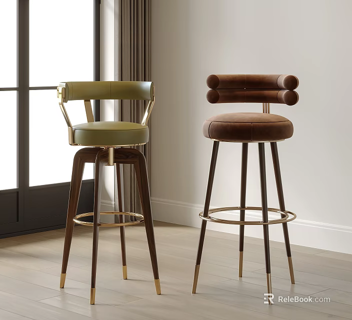 Green And Brown Leather Bar Stools With Wooden Legs And Metal Accents In Modern Interior 3d model 