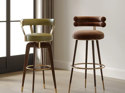 Green And Brown Leather Bar Stools With Wooden Legs And Metal Accents In Modern Interior 3d model
