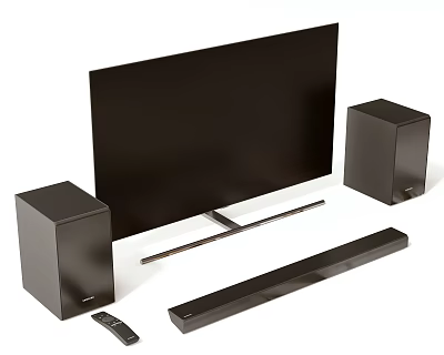 Modern Flat Screen Television with Black Speakers Soundbar and Remote Control Home Setup 3d model
