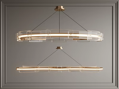 Two Modern Circular Chandeliers With Metal Frame And Glass Elements Mounted On Gray Paneled Wall 3d model