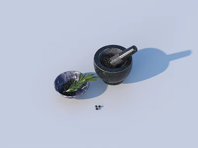 Fresh Rosemary and Peppercorns in Mortar with Pestle and Small Bowl 3d model