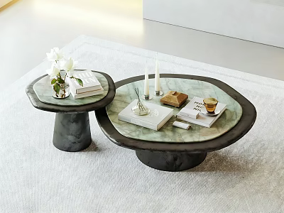 Two Round Modern Coffee Tables With Concrete Bases Green Marble Tops And Decorative Items 3d model