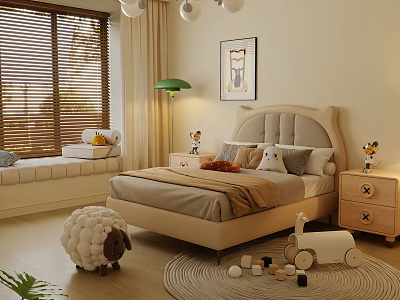 Cozy Kids Bed Room Interior With Window Blinds Green Lamp Stuffed Sheep And Wooden Horse 3d model