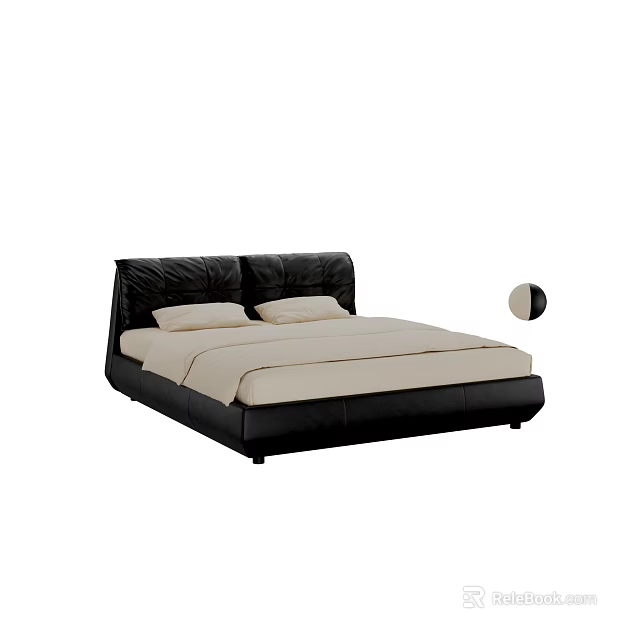 Black Leather Double Bed With Beige Sheets And Modern Padded Headboard Design 3d model