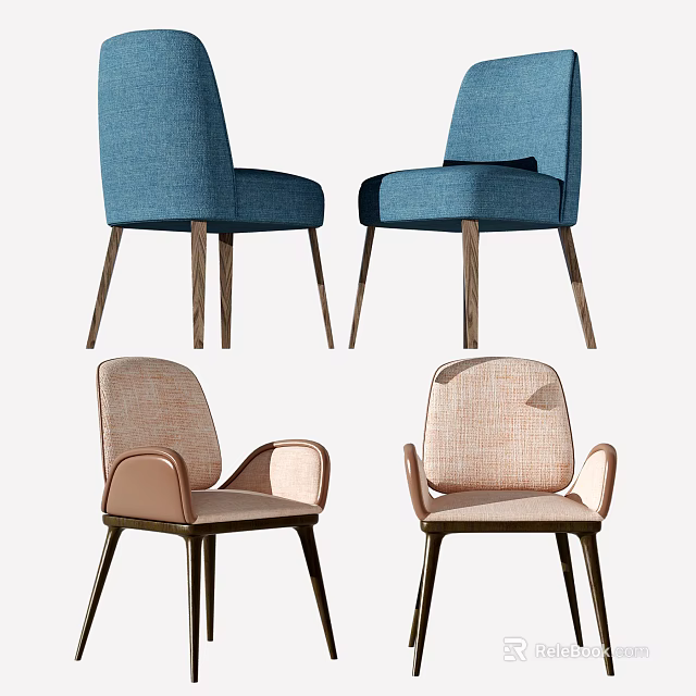 Set of Four Modern Upholstered Dining Chairs in Blue and Beige with Wooden Legs 3d model 