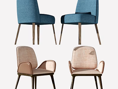 Set of Four Modern Upholstered Dining Chairs in Blue and Beige with Wooden Legs 3d model