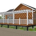 Wooden Cabin Outdoor Space With White Railings Pergola Lavender Trees And Paved Ground