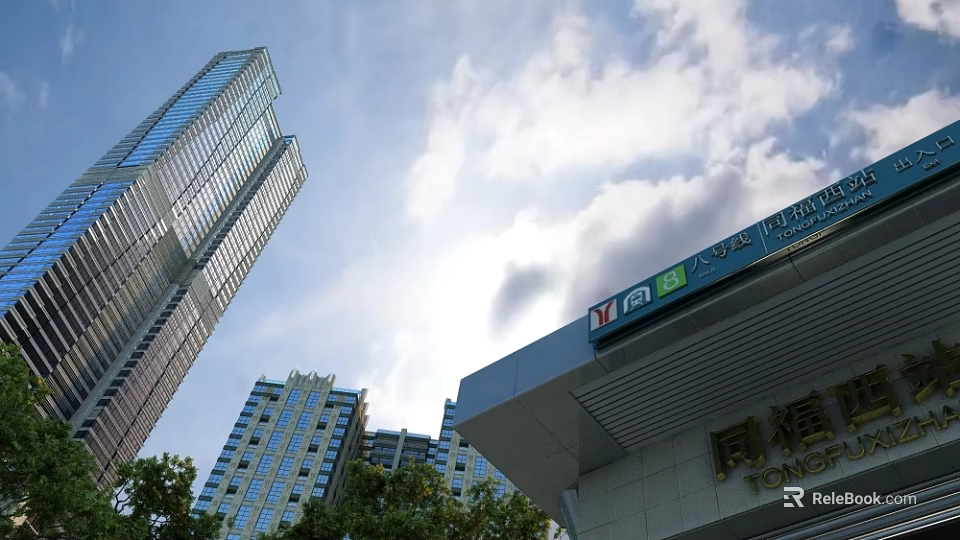 Modern Tall Buildings And Bank Structure With Green Trees Under Blue Sky 3d model 