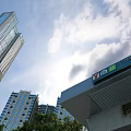 Modern Tall Buildings And Bank Structure With Green Trees Under Blue Sky