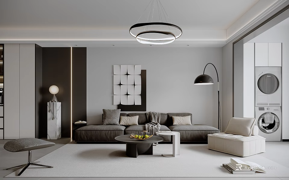 Modern Minimalist Living and Dining Room With Sectional Sofa Round Chandelier Geometric Wall Art And Large Windows 3d model 
