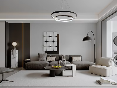 Modern Minimalist Living and Dining Room With Sectional Sofa Round Chandelier Geometric Wall Art And Large Windows 3d model