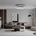Modern Minimalist Living and Dining Room With Sectional Sofa Round Chandelier Geometric Wall Art And Large Windows