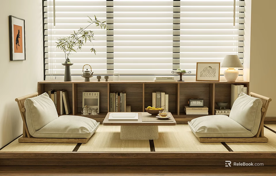 Serene Japanese Tea Room With Tatami Seats Tea Table And Bookshelf 3d model 