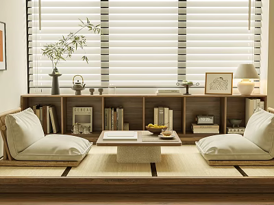 Serene Japanese Tea Room With Tatami Seats Tea Table And Bookshelf 3d model
