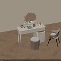 Modern Light Colored Dressing Table With Round Mirror Cosmetics Chair And Stool 3d model