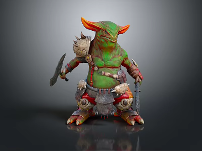 Fantasy Green Creature Character with Orange Horns Green Skin Holding Axe Wearing Armor 3d model