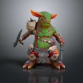 Fantasy Green Creature Character with Orange Horns Green Skin Holding Axe Wearing Armor