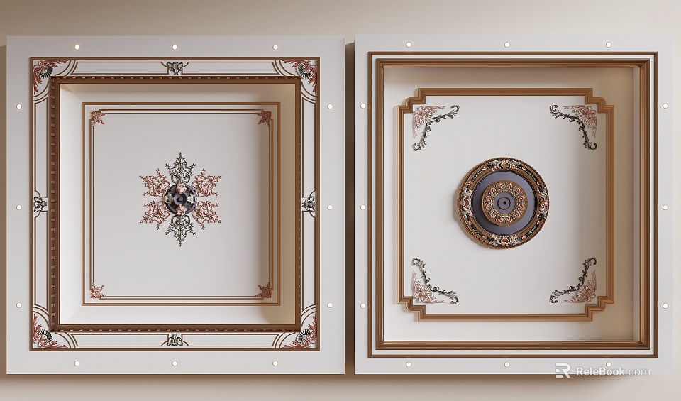 Elegant Decorative Ceiling Design With Intricate Carved Patterns Central Ornament And Borders 3d model 