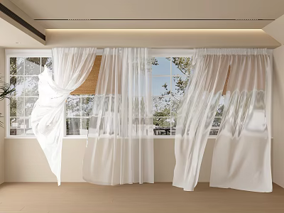White Sheer Curtains Hanging At Window With Natural Light And Trees Outside 3d model