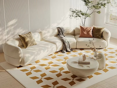 Modern Cozy Living Room With White Sectional Sofa Decorative Pillows And Round Coffee Table 3d model