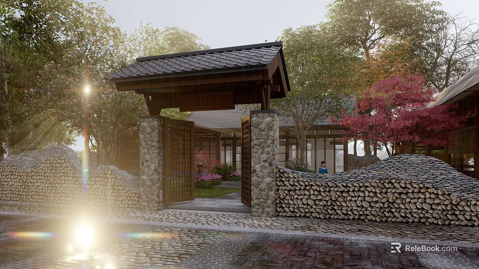 Rural Landscape With Tiled Roof Gatehouse Stone Walls Cobblestone Path And Surrounding Trees 3d model 