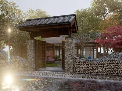 Rural Landscape With Tiled Roof Gatehouse Stone Walls Cobblestone Path And Surrounding Trees 3d model