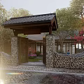 Rural Landscape With Tiled Roof Gatehouse Stone Walls Cobblestone Path And Surrounding Trees