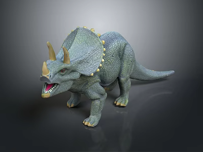 Green Triceratops Toy Model With Spiked Frill Yellow Horns And Open Mouth On Dark Background 3d model