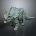 Green Triceratops Toy Model With Spiked Frill Yellow Horns And Open Mouth On Dark Background