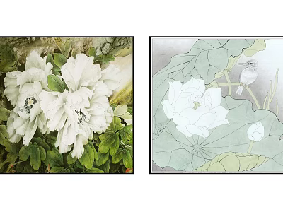 Traditional Floral Art Paintings Featuring White Peonies Lotus And Bird 3d model
