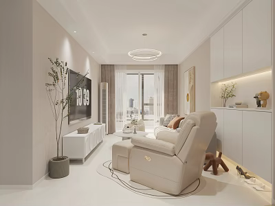 Modern Minimalist Living Dining Room Interior Design With Light Colored Sofa TV And Green Plants 3d model