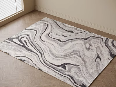 Square Area Rug With Black White Gray Wavy Marble Pattern On Wooden Floor 3d model