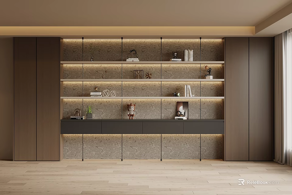 Modern Wall Mounted Bookcase With LED Lighting Open Shelves Books And Decor Items 3d model 