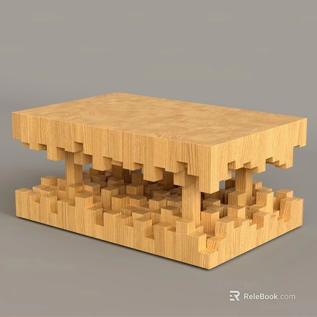 Modern Wooden Coffee Table With Stacked Interlocking Wood Block Base And Light Tone 3d model 