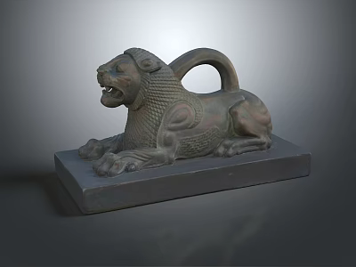 Ancient Bronze Lion Sculpture With Intricate Patterns Reclining On Square Base 3d model