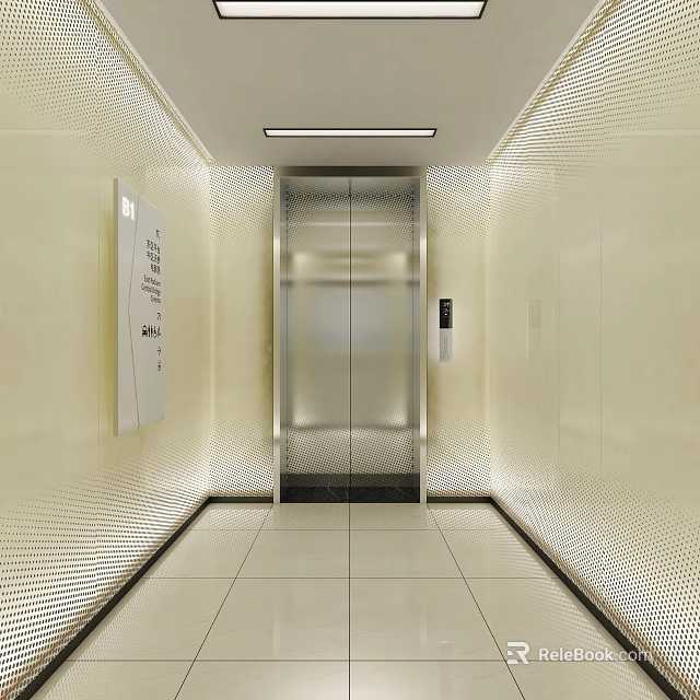 Modern Elevator Hallway With Glass Door Light Colored Walls And Polished Floor Tiles 3d model 
