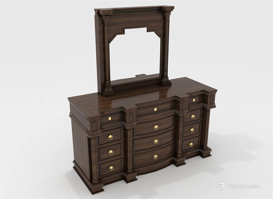 Classic Dark Wood Vanity With Multiple Drawers Gold Handles And Top Mirror 3d model 