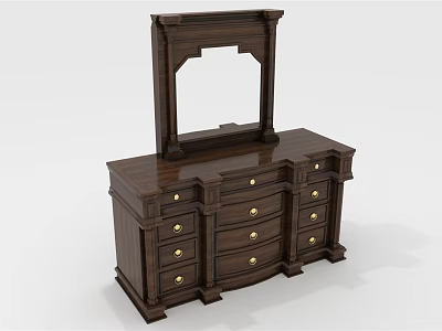 Classic Dark Wood Vanity With Multiple Drawers Gold Handles And Top Mirror 3d model