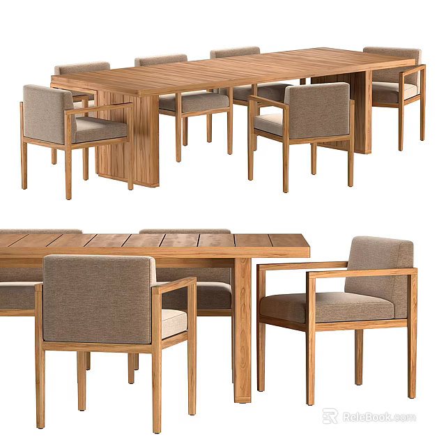 Modern Wooden Dining Table Set With Armrest Chairs And Upholstered Seats 3d model 
