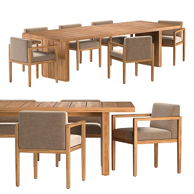 Modern Wooden Dining Table Set With Armrest Chairs And Upholstered Seats 3d model