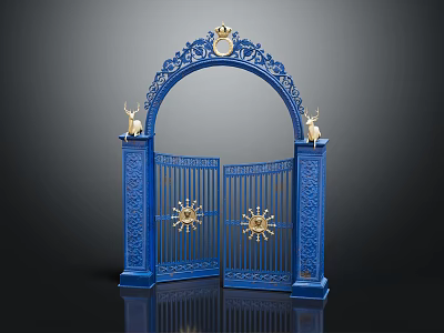 Blue Ornate Entrance Gate with Gold Accents Sun Motifs and Statues on Pillars 3d model