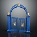 Blue Ornate Entrance Gate with Gold Accents Sun Motifs and Statues on Pillars