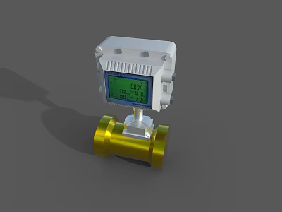 Industrial Digital Flow Measurement Device With LCD Display Golden Valve And White Housing 3d model