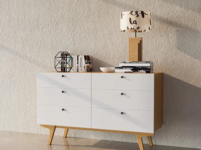 Modern White Filing Cabinet With Multiple Drawers And Decorative Items On Top 3d model
