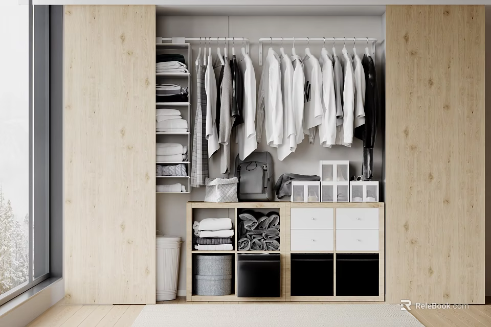 Organized Modern Wardrobe Interior With Hanging Shirts Folded Clothes And Storage Drawers 3d model 