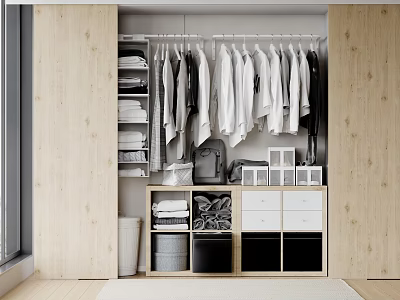 Organized Modern Wardrobe Interior With Hanging Shirts Folded Clothes And Storage Drawers 3d model